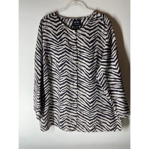 Tahari Brown White Zebra Print 100% Linen Long Sleeve Button Down Blouse Size 2X - Picture 1 of 4